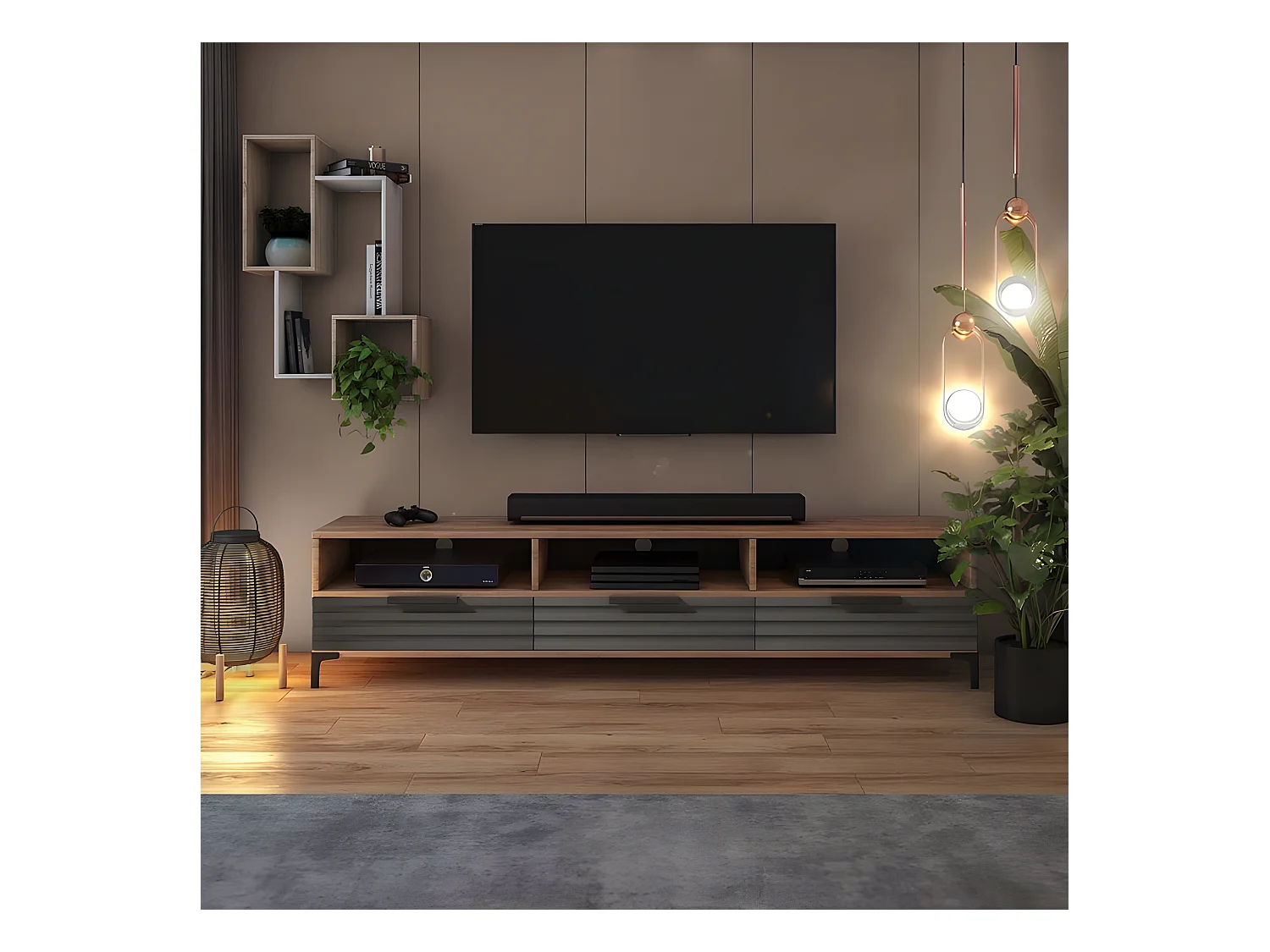 Mueble de TV - de pie - roble wotan / gris mate - frente 3D - 160 cm - Rikke