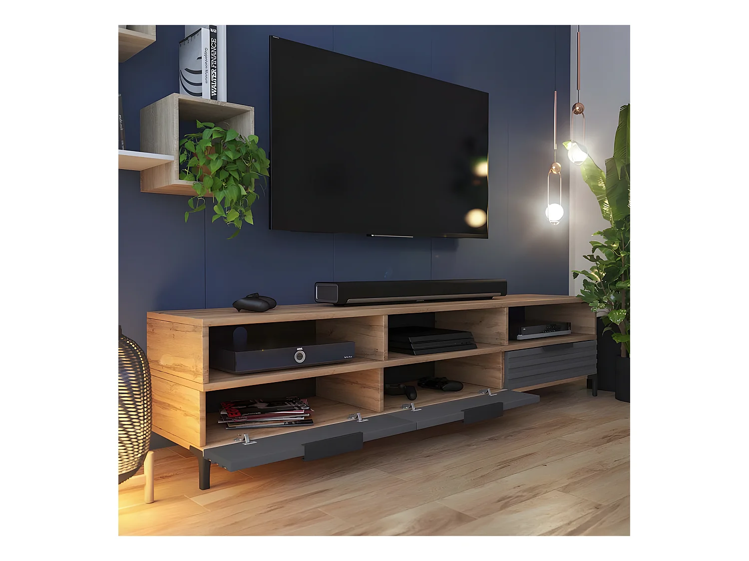 Mueble de TV - de pie - roble wotan / gris mate - frente 3D - 160 cm - Rikke