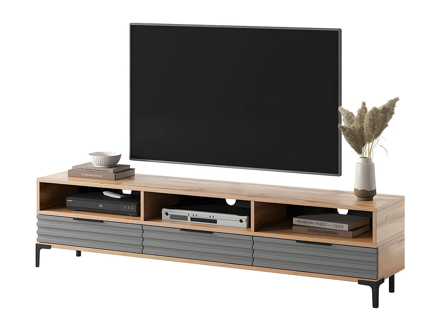 Mueble de TV - de pie - roble wotan / gris mate - frente 3D - 160 cm - Rikke