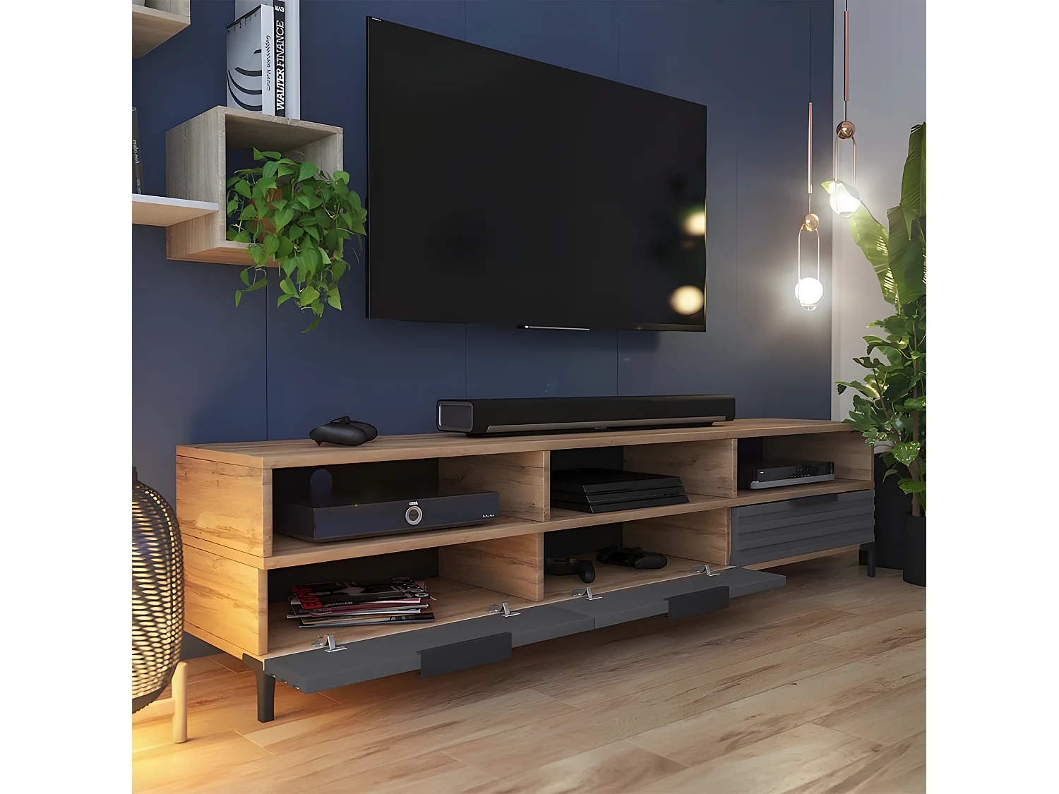 Meuble TV - 160 cm - chêne wotan / gris mat - façade 3D -  RIKKE