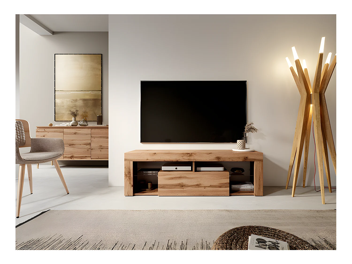 Meuble TV / Banc TV (chêne lancaster, 140 cm, sans LED) - BIANKO