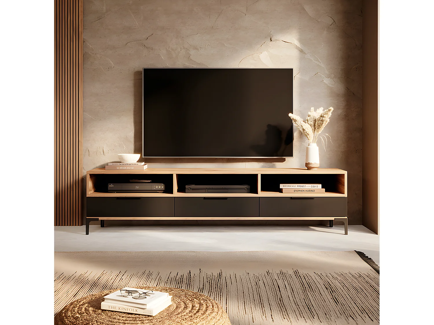 Meuble TV - 160 cm -chêne wotan / noir brillant - RIKKE