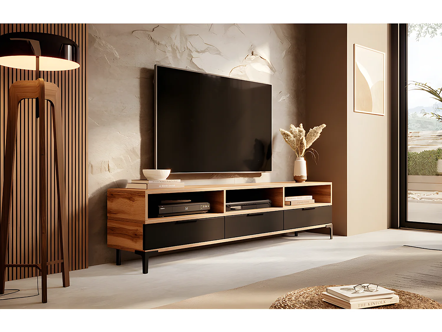 Meuble TV - 160 cm -chêne wotan / noir brillant - RIKKE