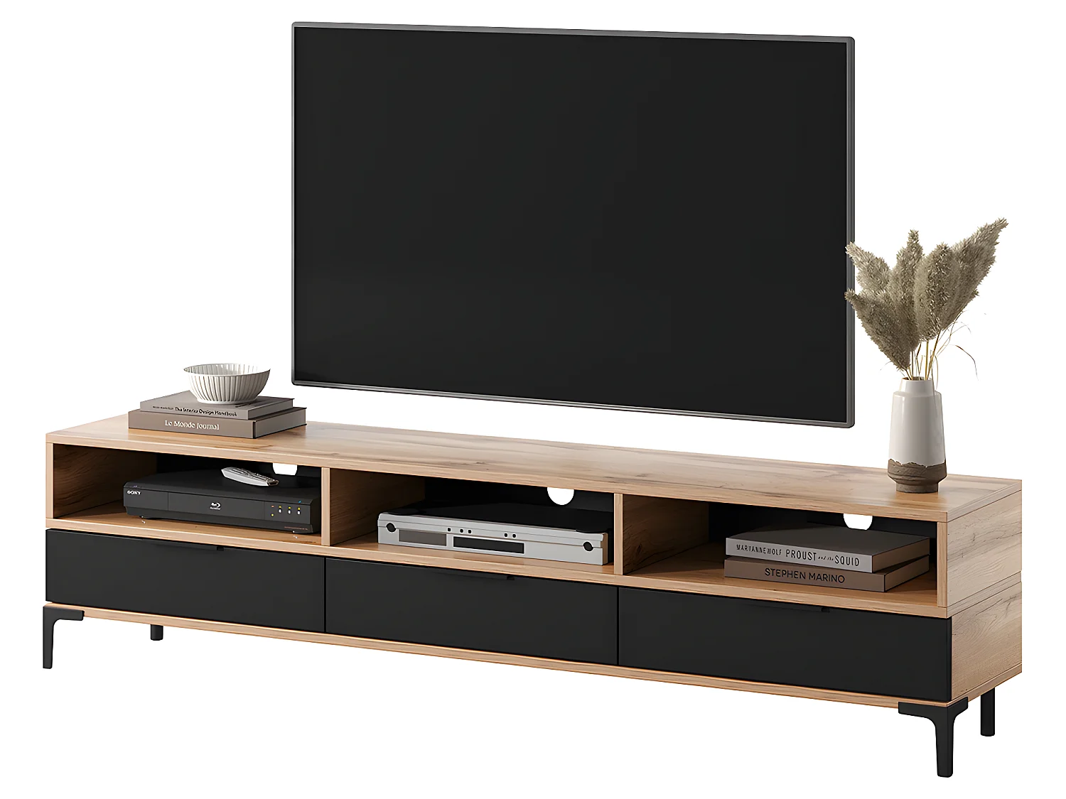 Meuble TV - 160 cm -chêne wotan / noir brillant - RIKKE