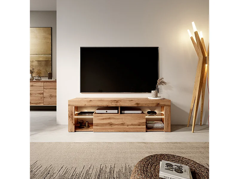 Meuble TV / Banc TV (140 cm, chêne lancaster, éclairage LED) - BIANKO