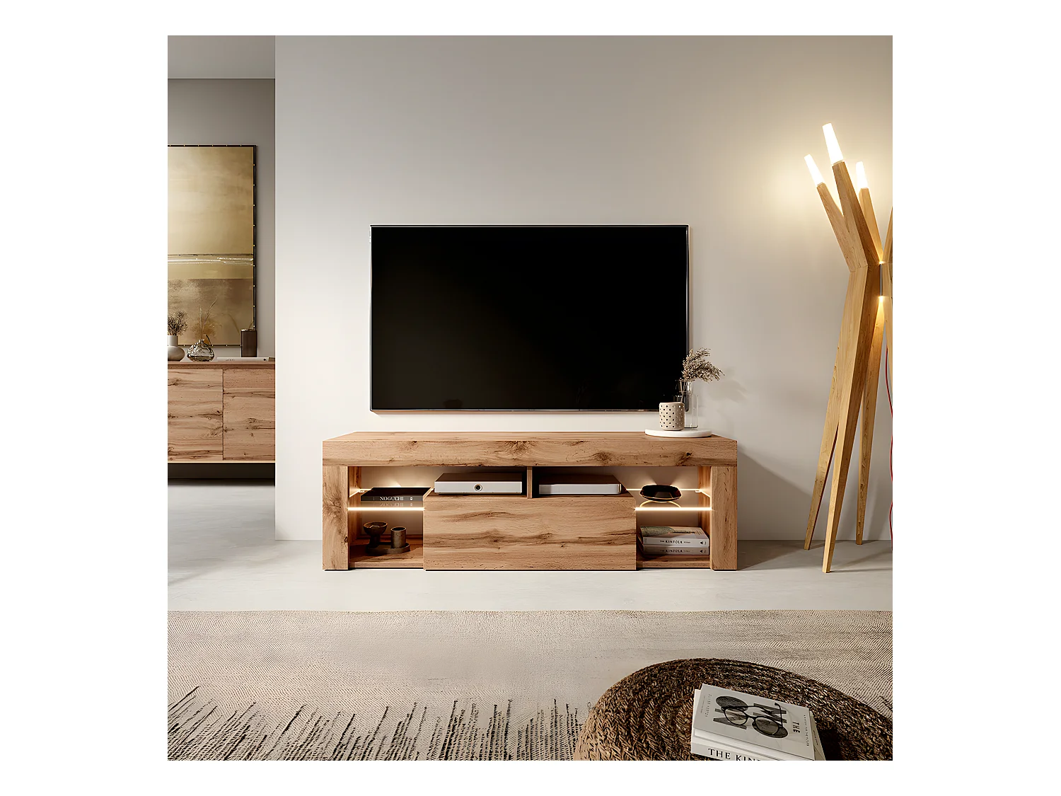 Meuble TV / Banc TV (140 cm, chêne lancaster, éclairage LED) - BIANKO