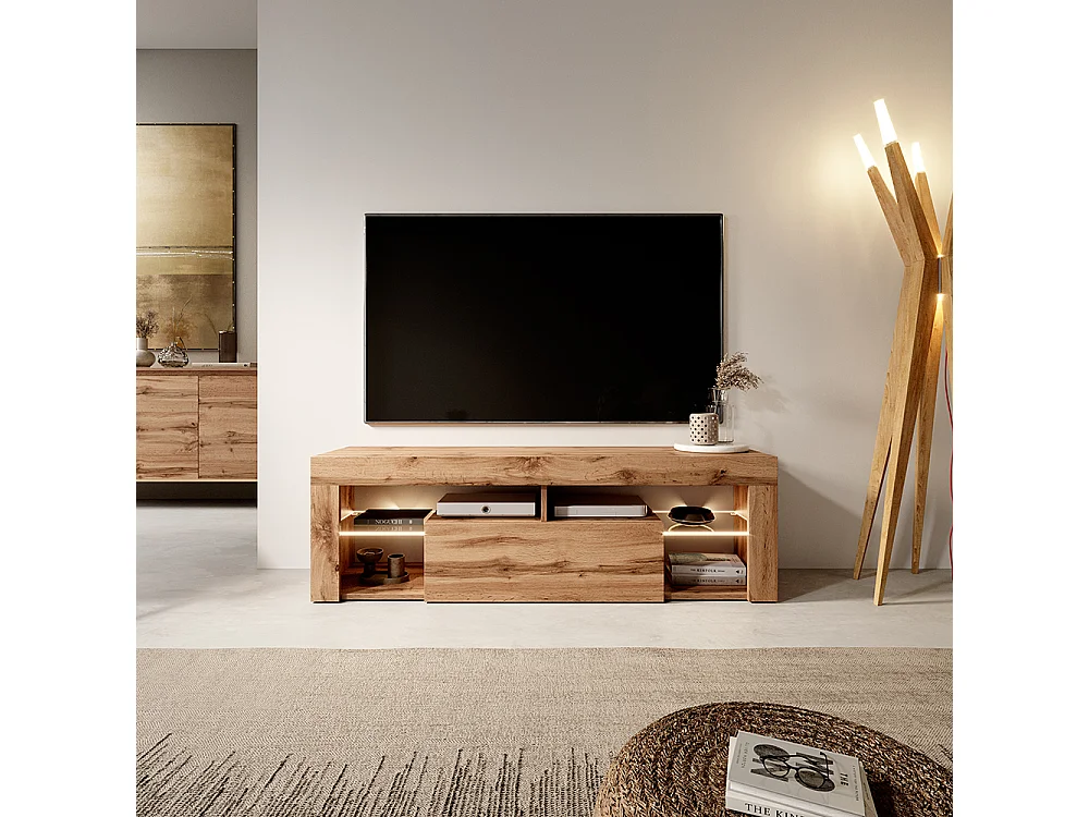 Meuble TV / Banc TV (140 cm, chêne lancaster, éclairage LED) - BIANKO