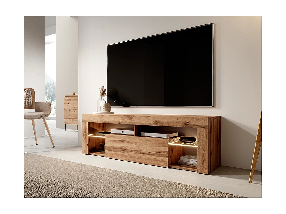 Meuble TV / Banc TV (140 cm, chêne lancaster, éclairage LED) - BIANKO