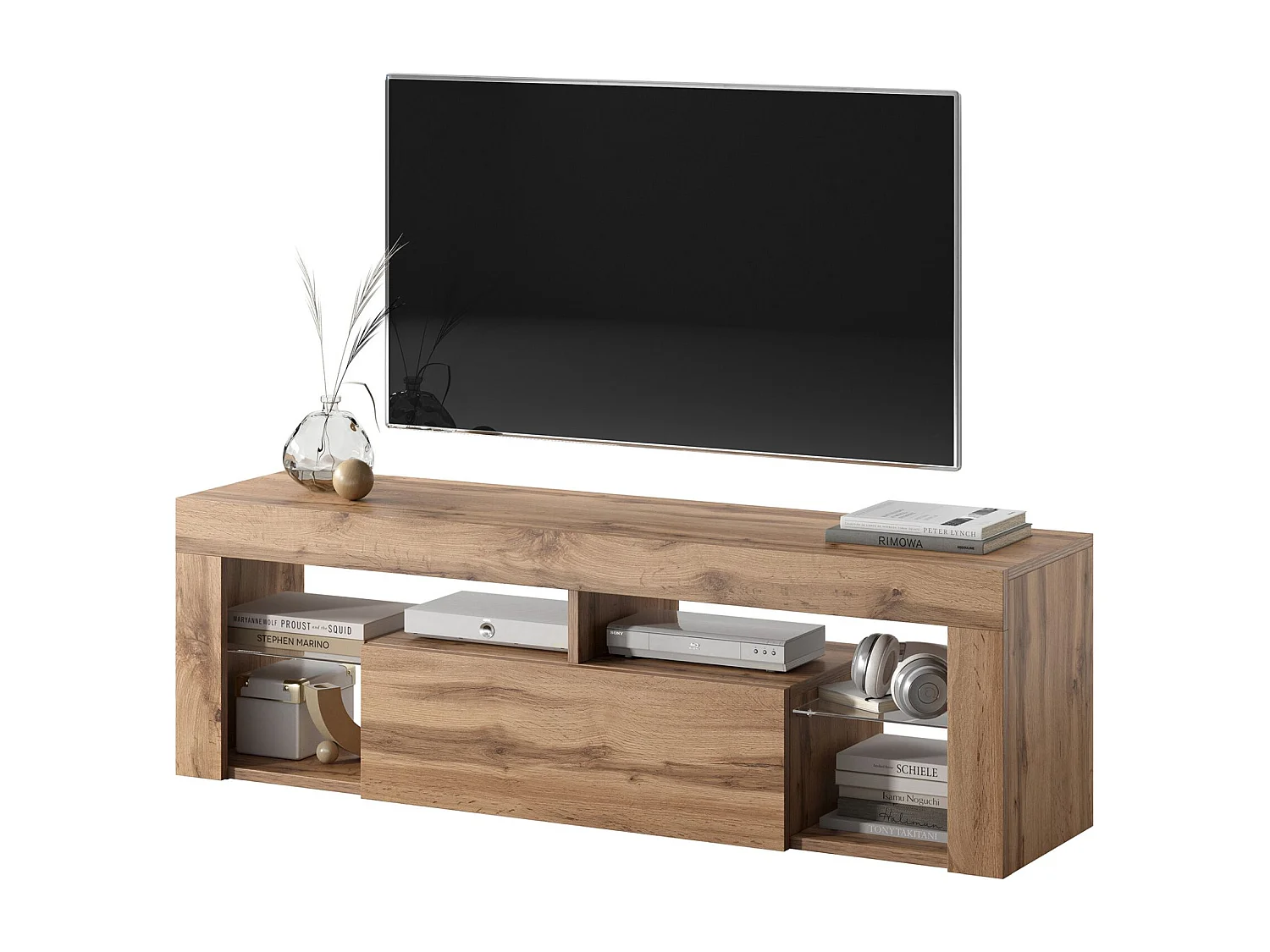 Meuble TV / Banc TV (140 cm, chêne lancaster, éclairage LED) - BIANKO