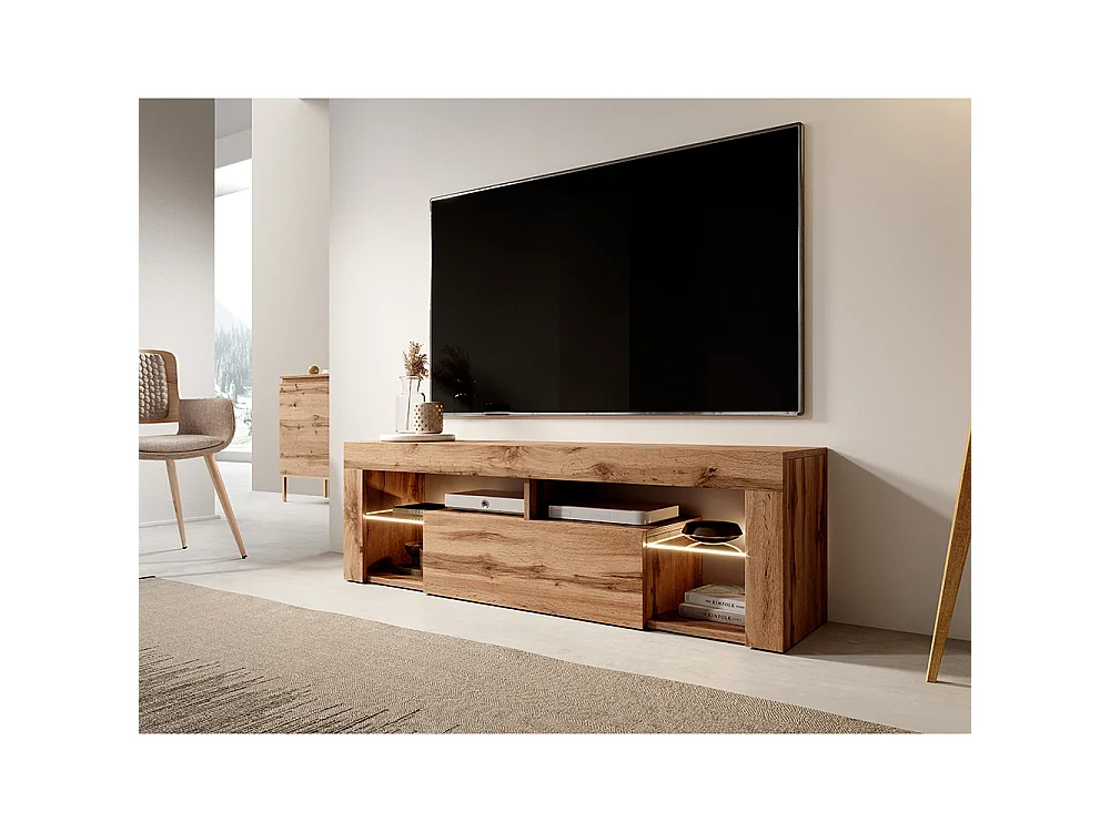 TV-meubel / TV-bank (140 cm, Lancaster eiken, LED-verlichting) - BIANKO
