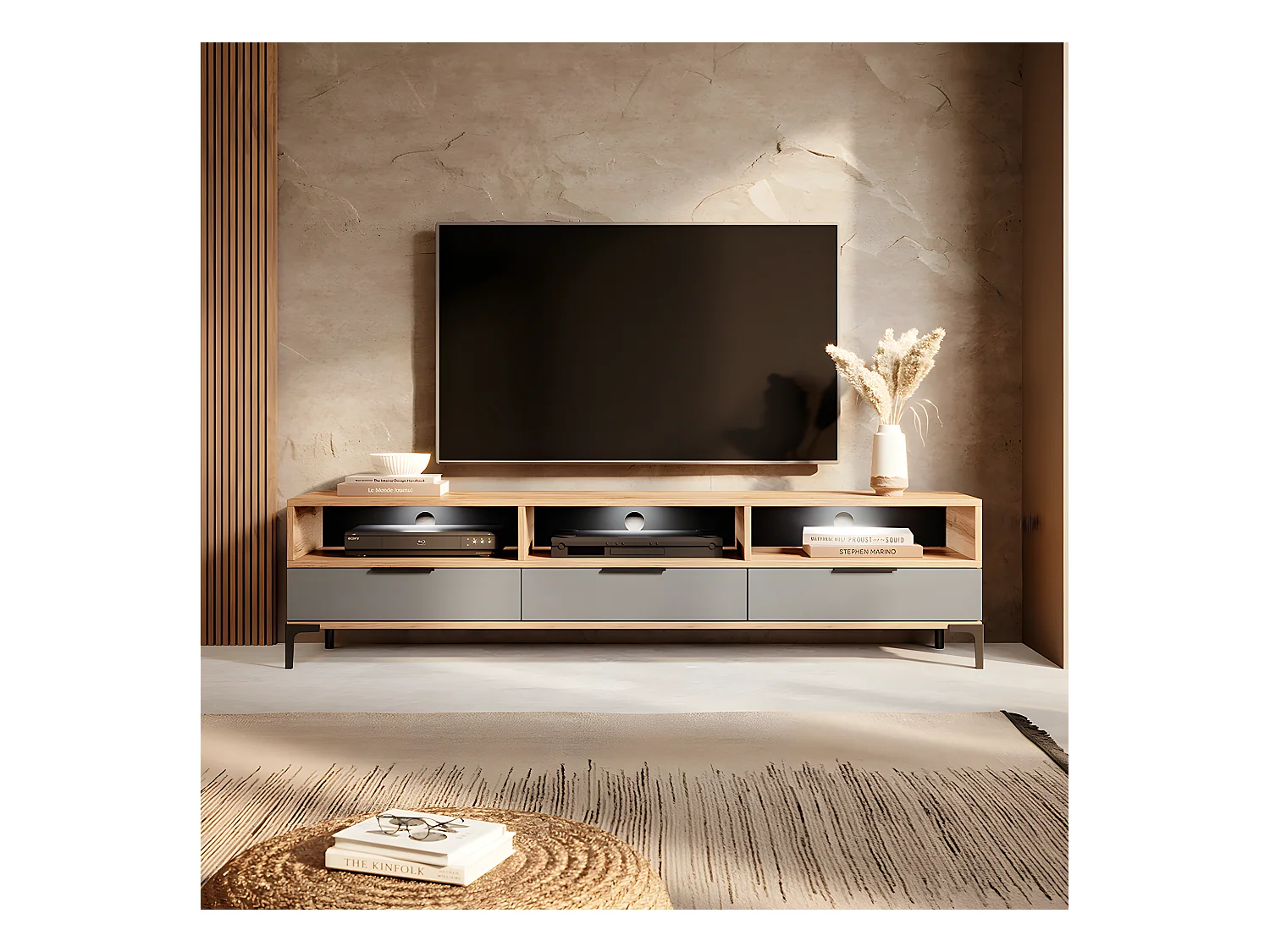 Meuble TV - 160 cm - chêne wotan / gris brillant - avec LED- RIKKE