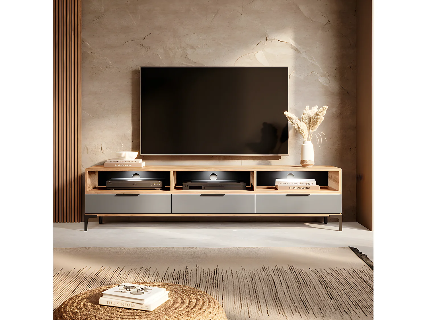 Meuble TV - 160 cm - chêne wotan / gris brillant - avec LED- RIKKE