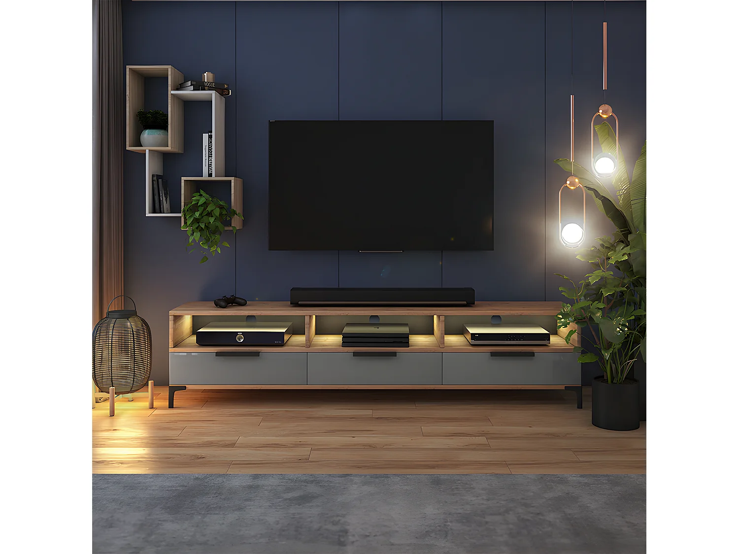 Meuble TV - 160 cm - chêne wotan / gris brillant - avec LED- RIKKE