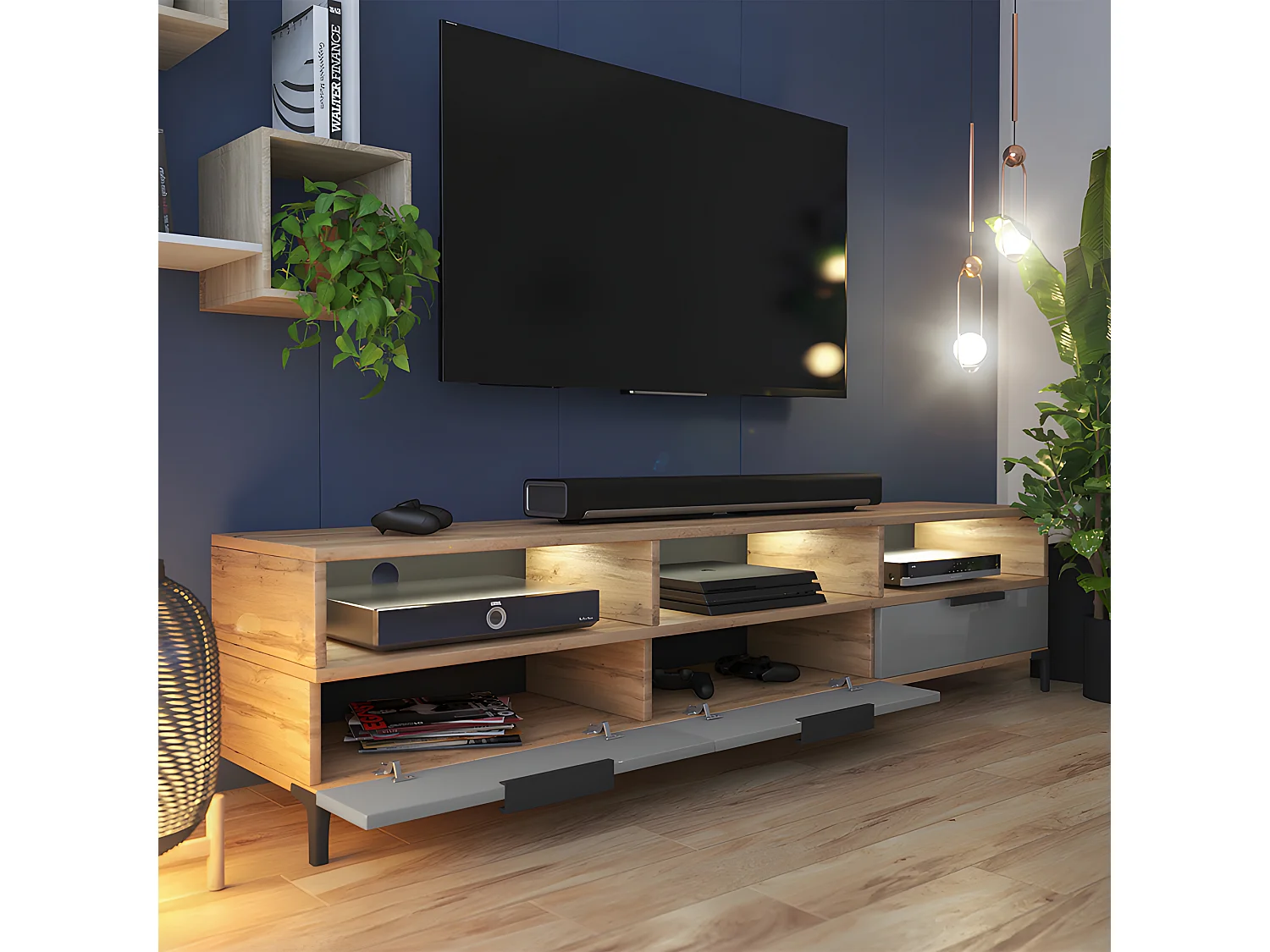 Meuble TV - 160 cm - chêne wotan / gris brillant - avec LED- RIKKE