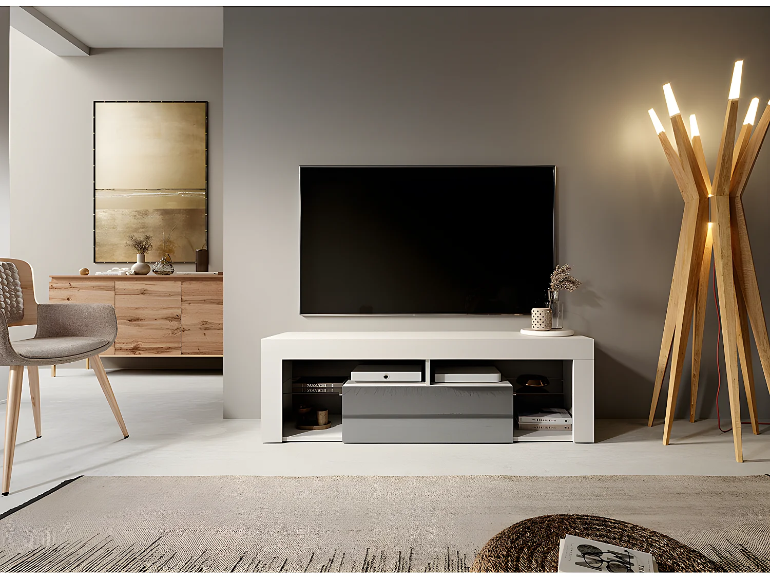 Meuble TV / Banc TV (140 cm, blanc mat / gris brillant, sans LED) - BIANKO
