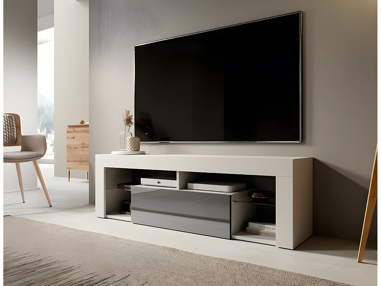 Meuble TV / Banc TV (140 cm, blanc mat / gris brillant, sans LED) - BIANKO