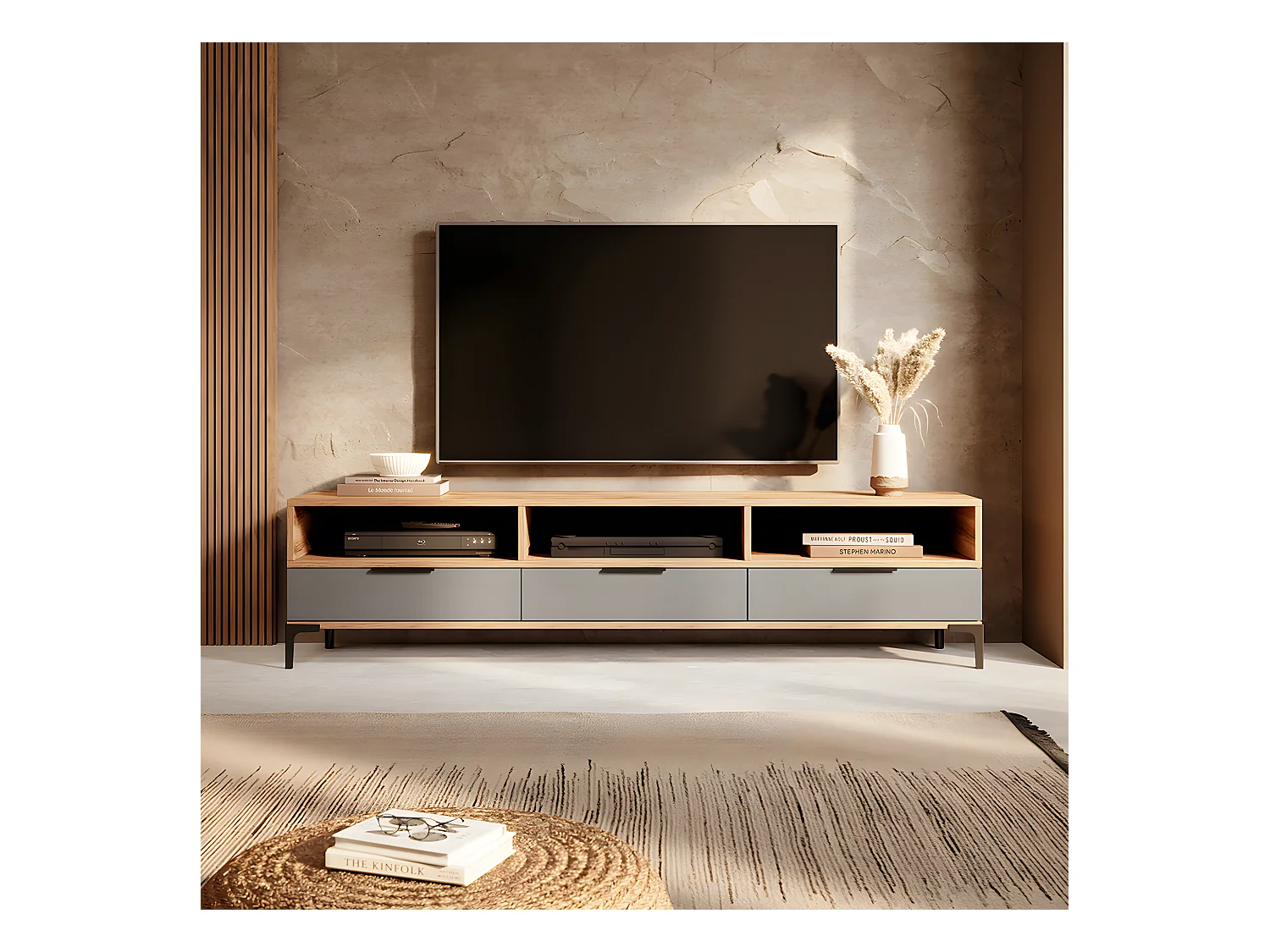 Meuble TV - 160 cm -chêne wotan / gris brillant - RIKKE