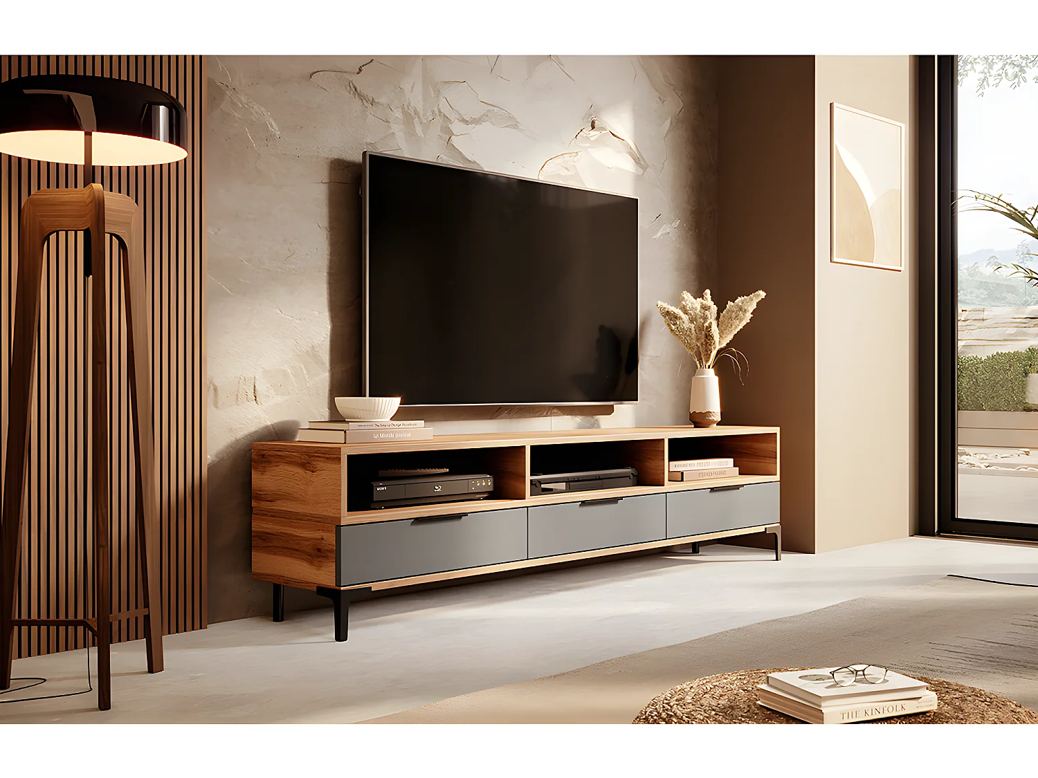 Meuble TV - 160 cm -chêne wotan / gris brillant - RIKKE