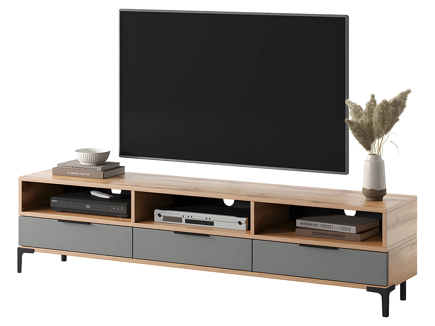 Meuble TV - 160 cm -chêne wotan / gris brillant - RIKKE