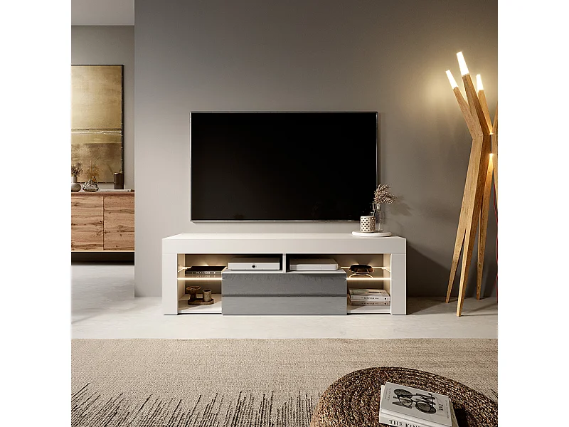 Meuble TV / Banc TV (140 cm, blanc mat / gris brillant, éclairage LED) - BIANKO