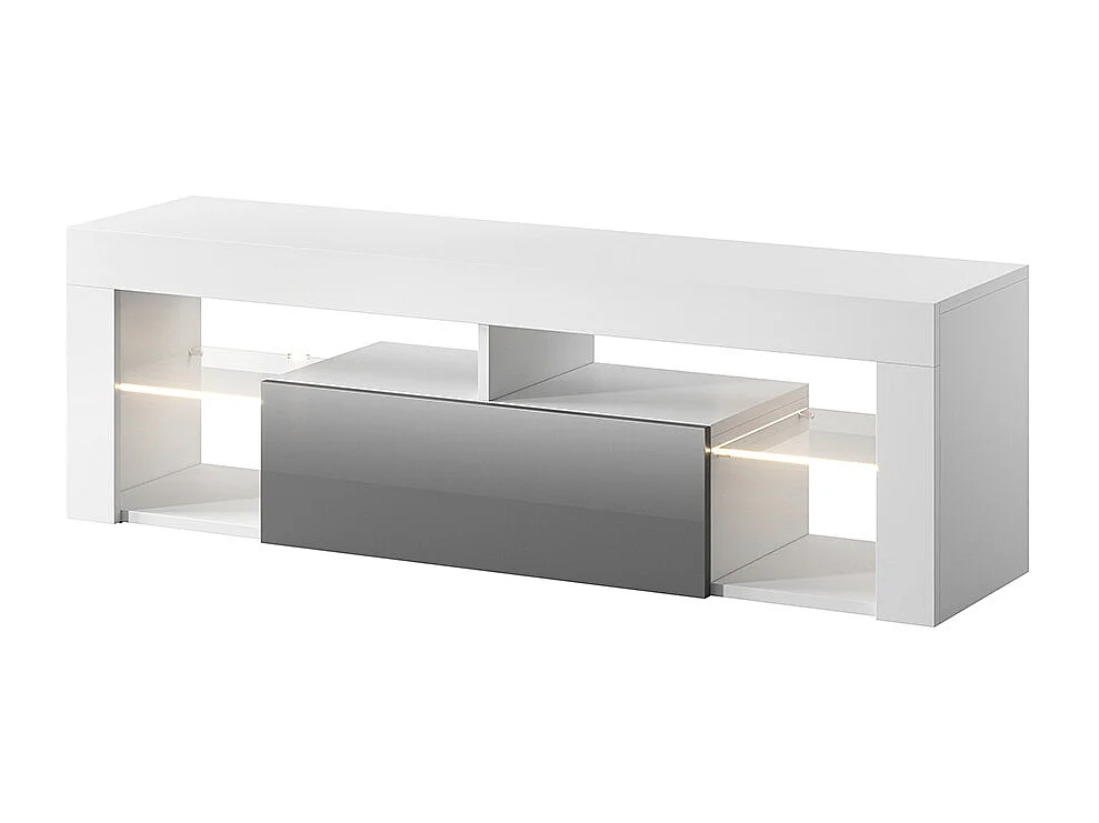 Meuble TV / Banc TV (140 cm, blanc mat / gris brillant, éclairage LED) - BIANKO