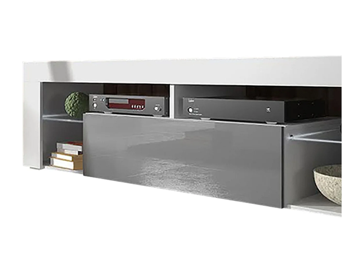 Meuble TV / Banc TV (140 cm, blanc mat / gris brillant, éclairage LED) - BIANKO