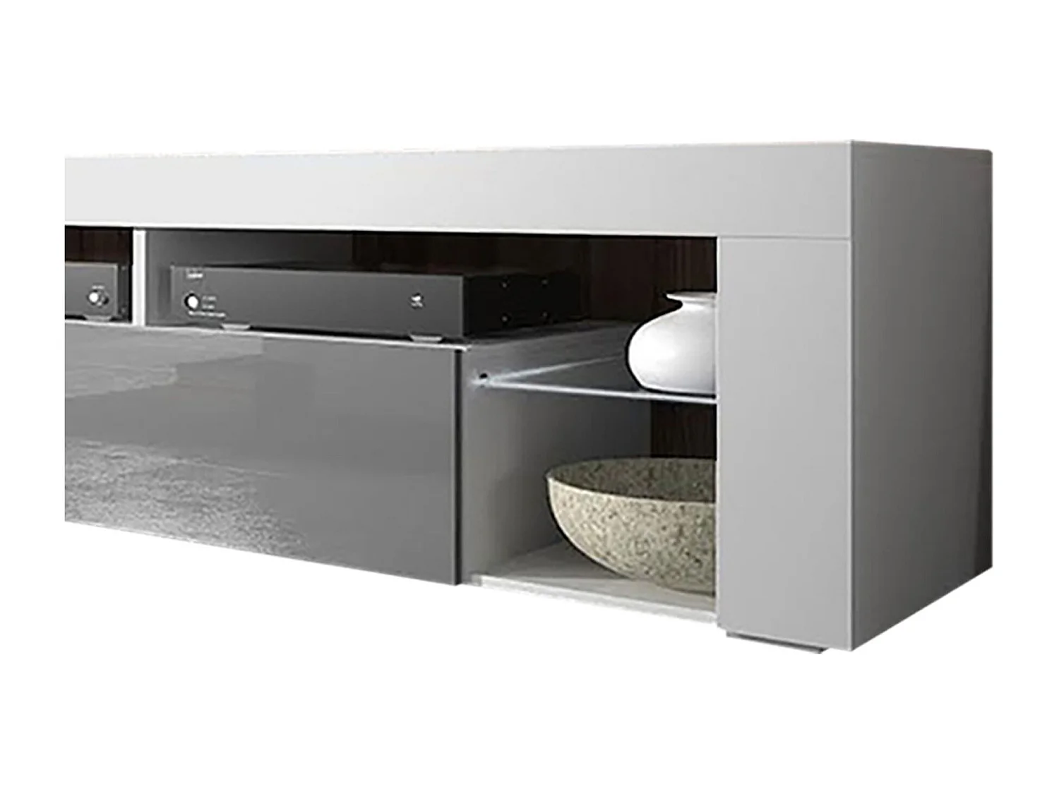 Meuble TV / Banc TV (140 cm, blanc mat / gris brillant, éclairage LED) - BIANKO