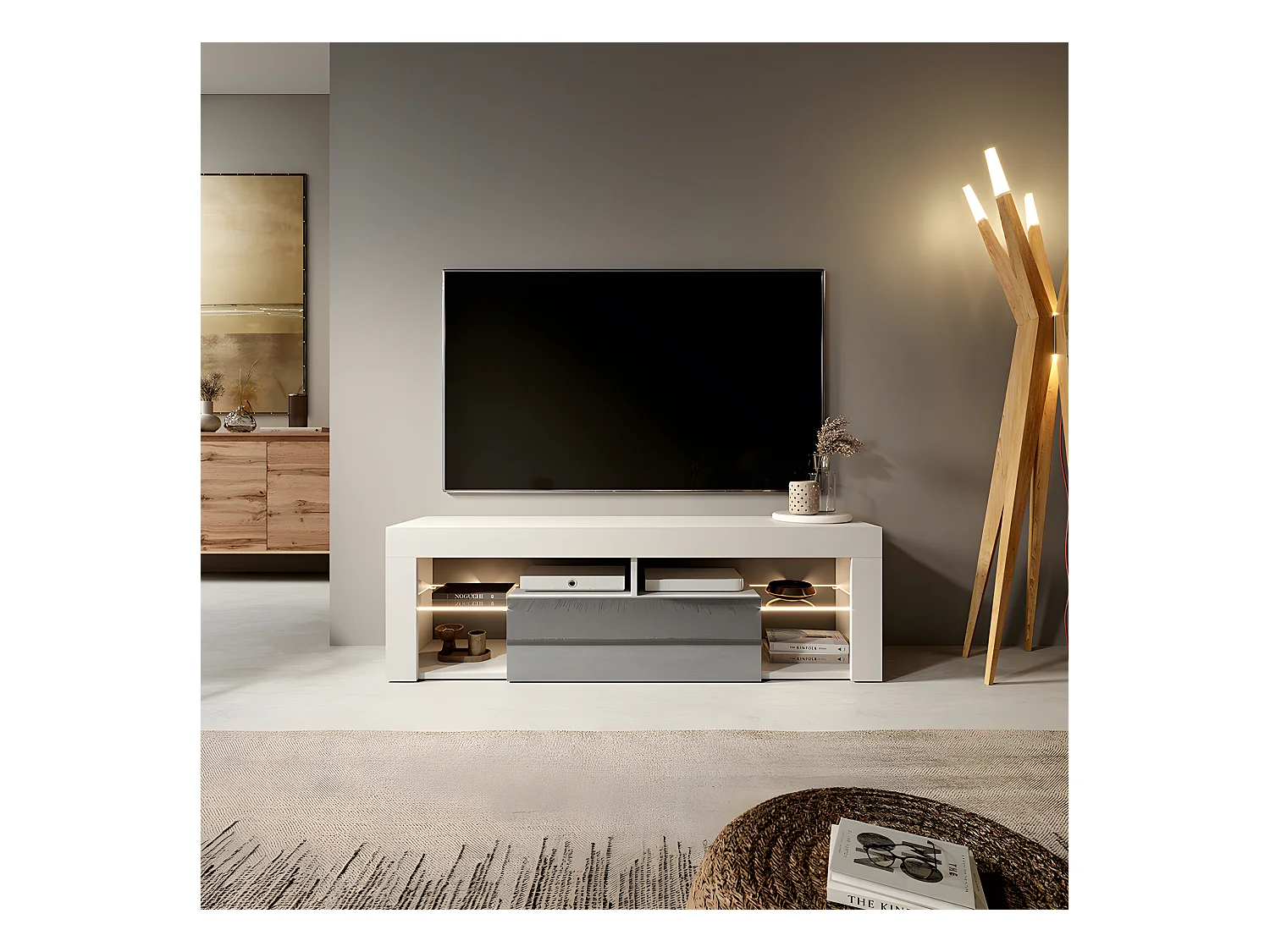 Meuble TV / Banc TV (140 cm, blanc mat / gris brillant, éclairage LED) - BIANKO