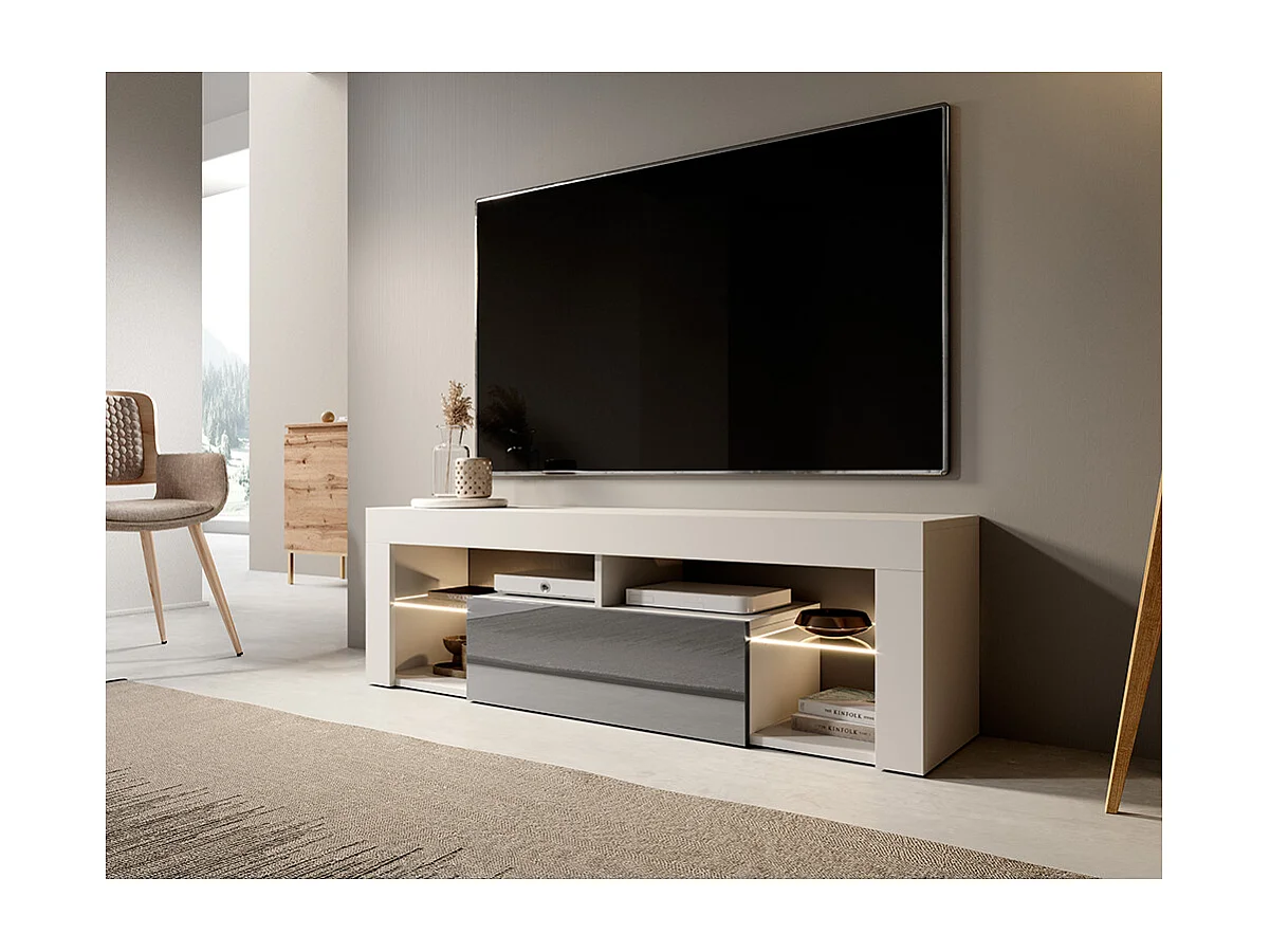 Meuble TV / Banc TV (140 cm, blanc mat / gris brillant, éclairage LED) - BIANKO