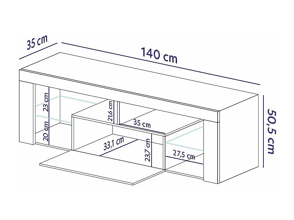 Meuble TV / Banc TV (140 cm, blanc mat / gris brillant, éclairage LED) - BIANKO