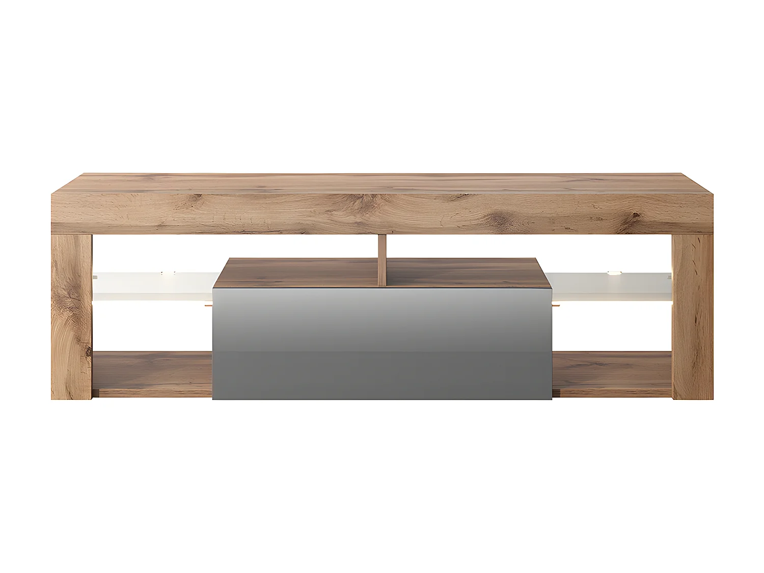 TV-Lowboard stehend in Lancaster Eiche/Grau Hochglanz mit Klappe und LED-Beleuchtung, 140 cm - Bianko