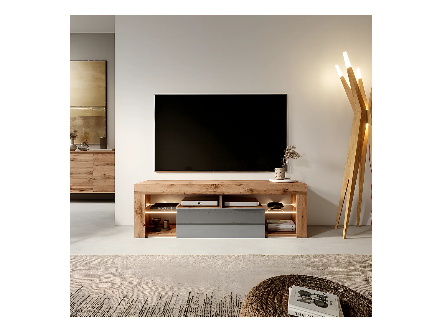 Meuble TV / Banc TV (140 cm, chêne lancaster / gris brillant, éclairage LED) - BIANKO