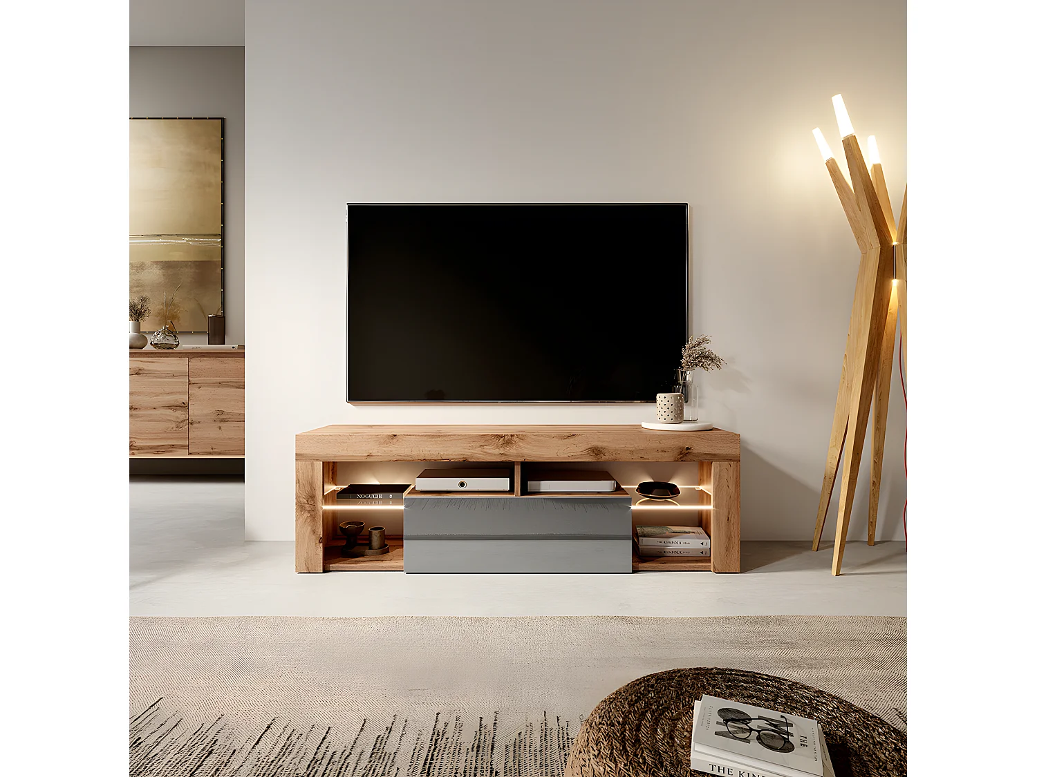 Meuble TV / Banc TV (140 cm, chêne lancaster / gris brillant, éclairage LED) - BIANKO