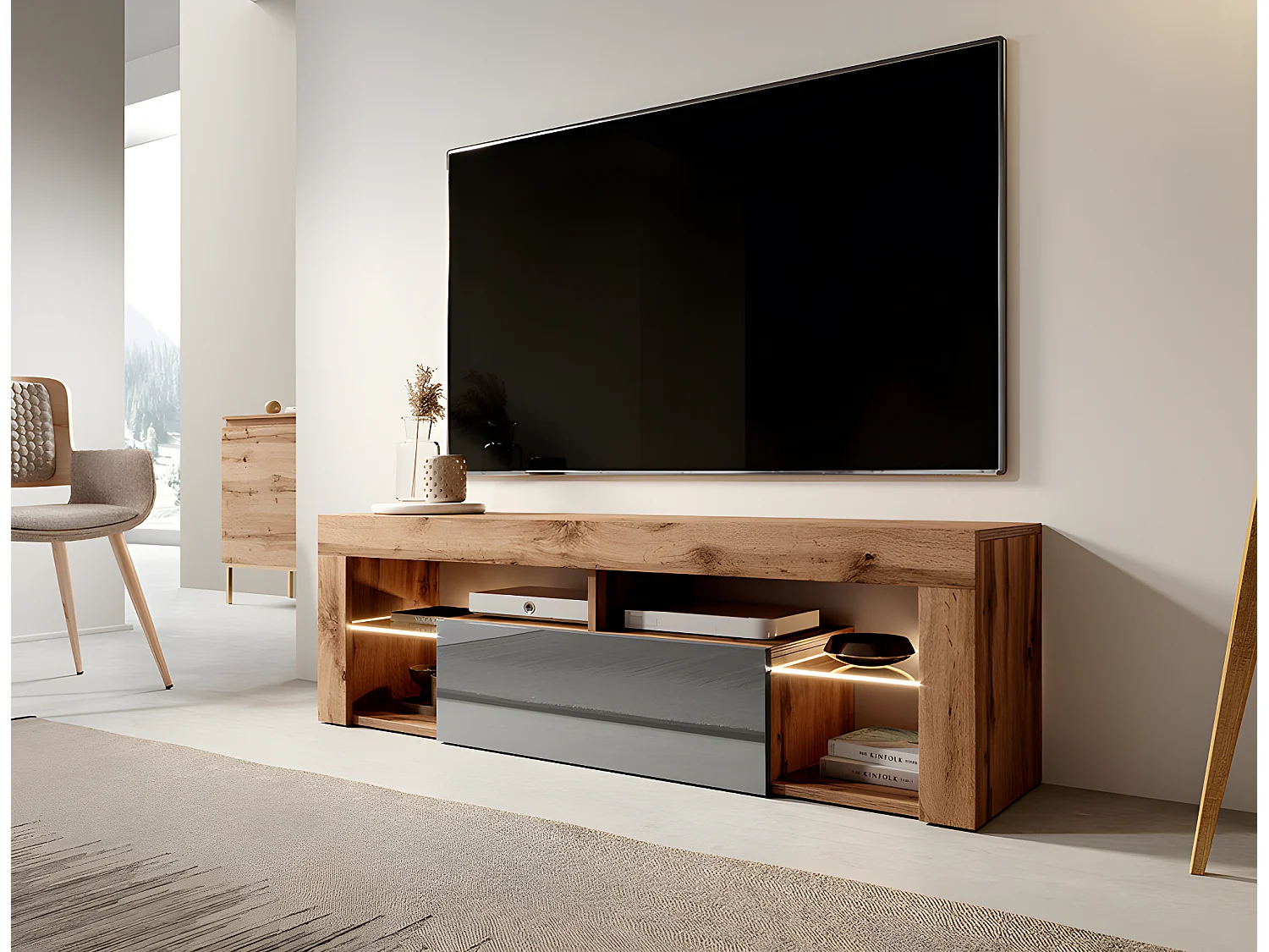 Meuble TV / Banc TV (140 cm, chêne lancaster / gris brillant, éclairage LED) - BIANKO