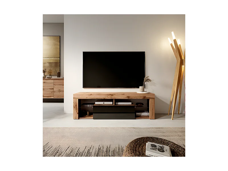 TV-Lowboard stehend in Lancaster Eiche/Schwarz Hochglanz mit Klappe, 140 cm - Bianko