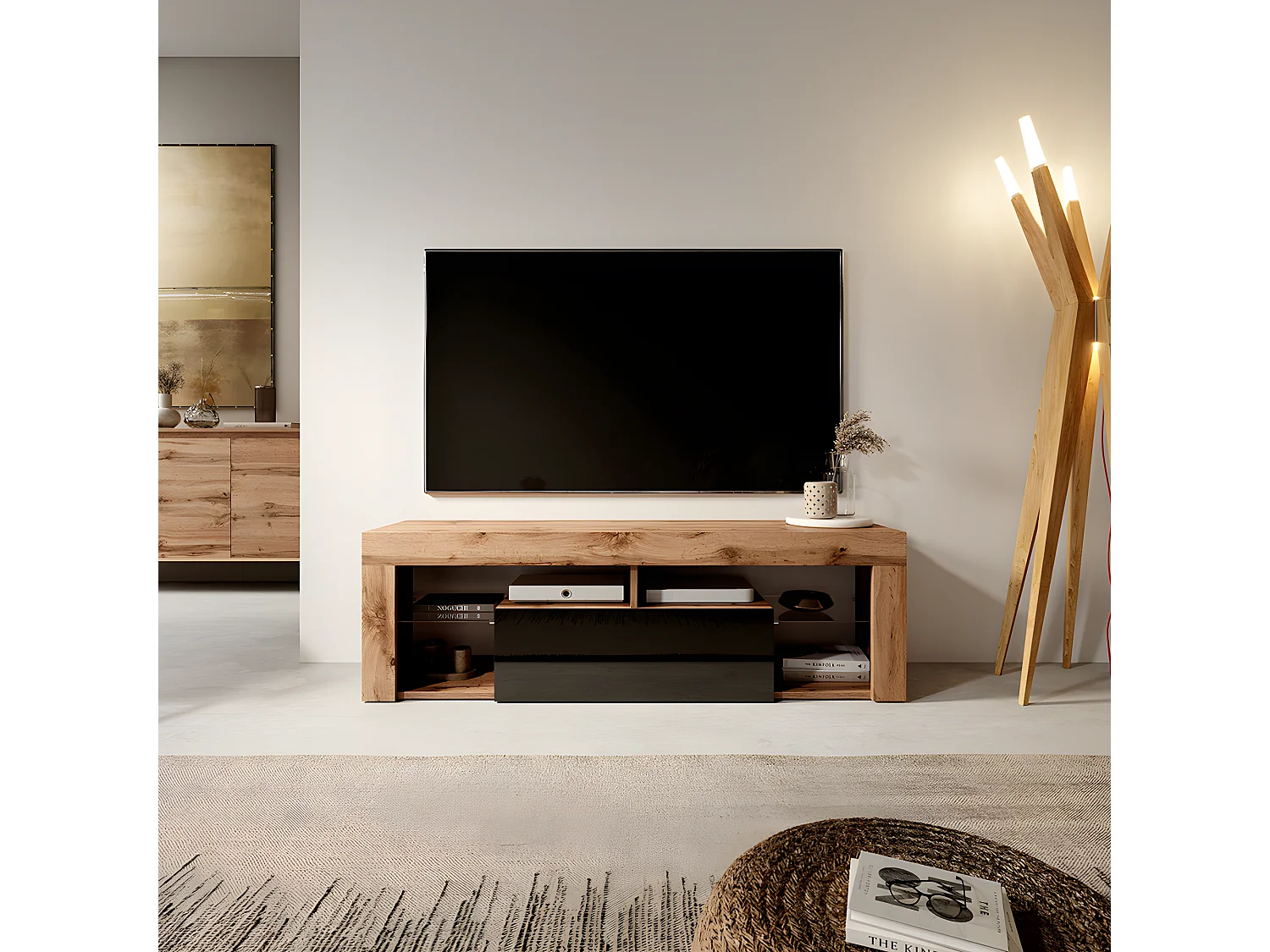 TV-meubel / TV-bank (Lancaster eiken / glanzend zwart, 140 cm, zonder LED) - BIANKO