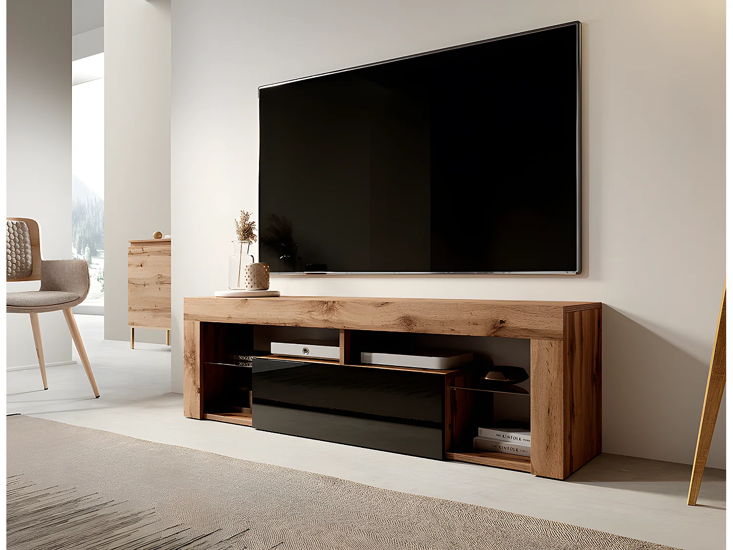 TV-meubel / TV-bank (Lancaster eiken / glanzend zwart, 140 cm, zonder LED) - BIANKO
