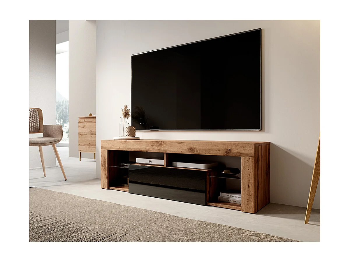 Meuble TV / Banc TV (chêne lancaster / noir brillant, 140 cm, sans LED) - BIANKO