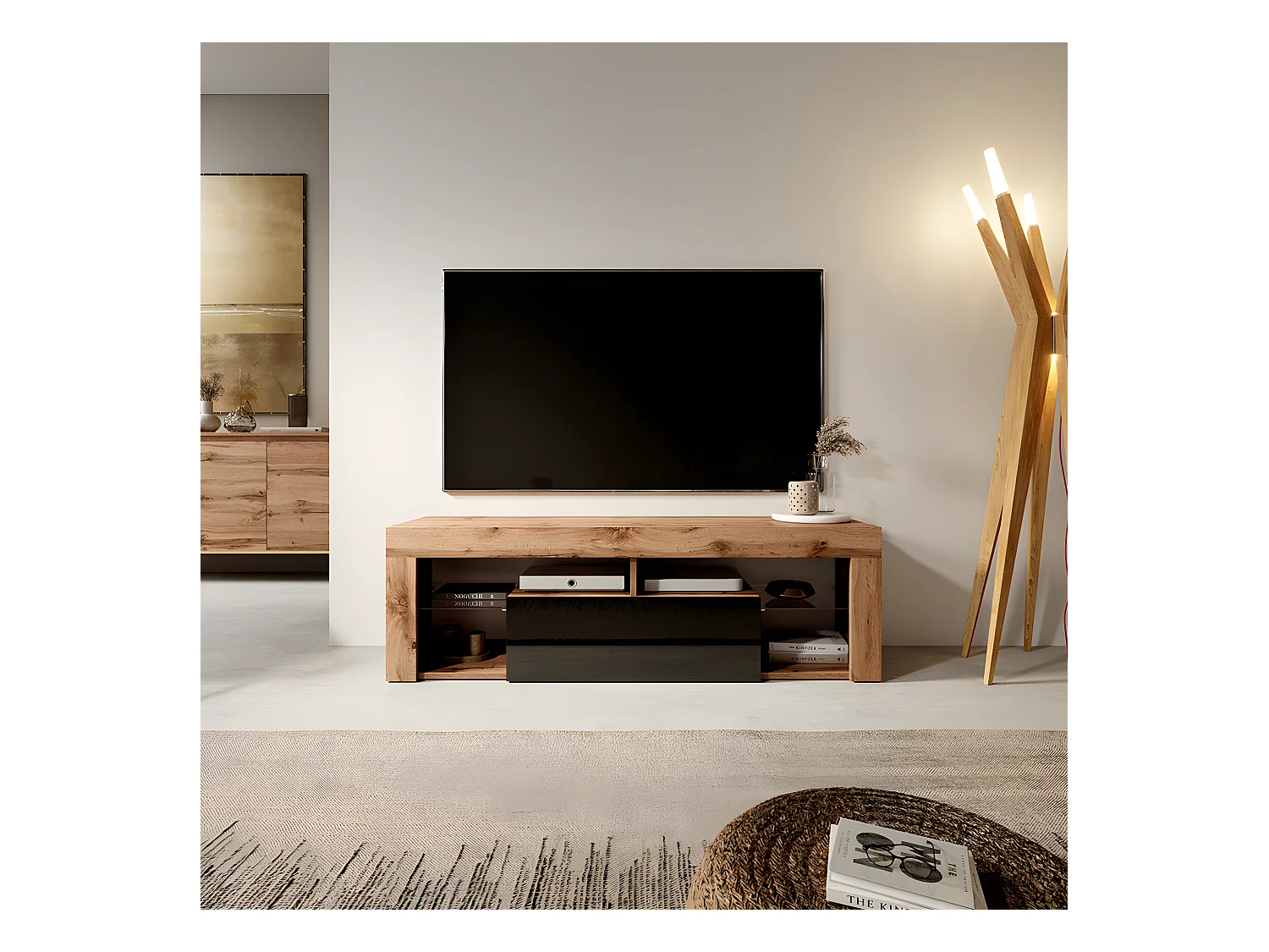 Meuble TV / Banc TV (chêne lancaster / noir brillant, 140 cm, sans LED) - BIANKO