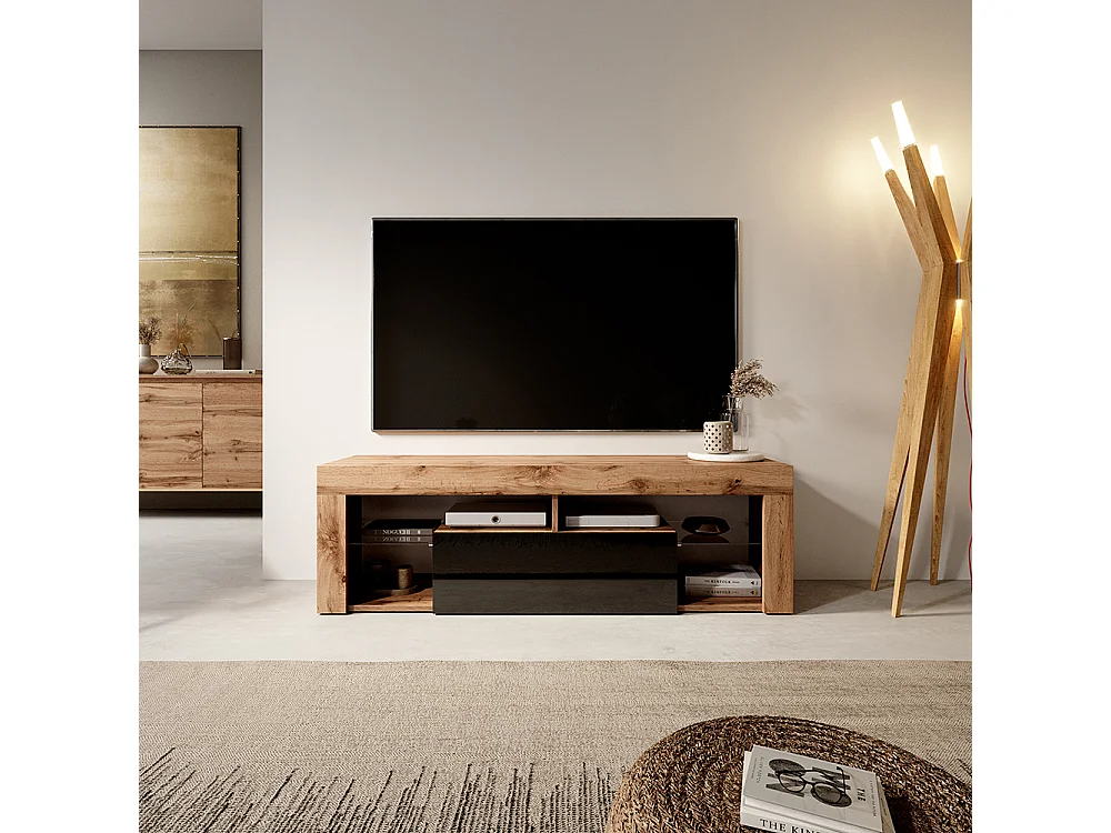 Meuble TV / Banc TV (chêne lancaster / noir brillant, 140 cm, sans LED) - BIANKO