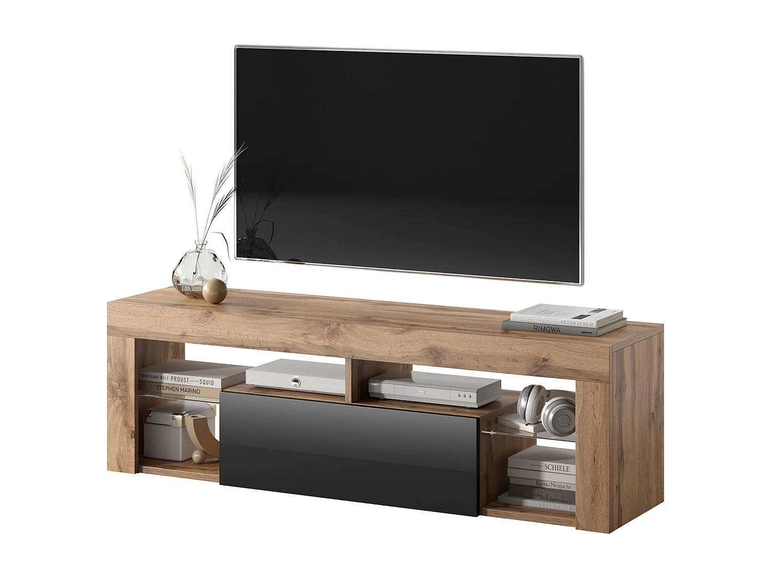 Meuble TV / Banc TV (chêne lancaster / noir brillant, 140 cm, sans LED) - BIANKO