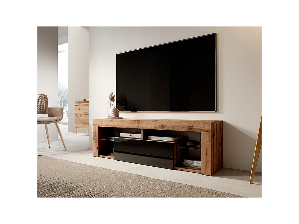TV-meubel / TV-bank (Lancaster eiken / glanzend zwart, 140 cm, zonder LED) - BIANKO