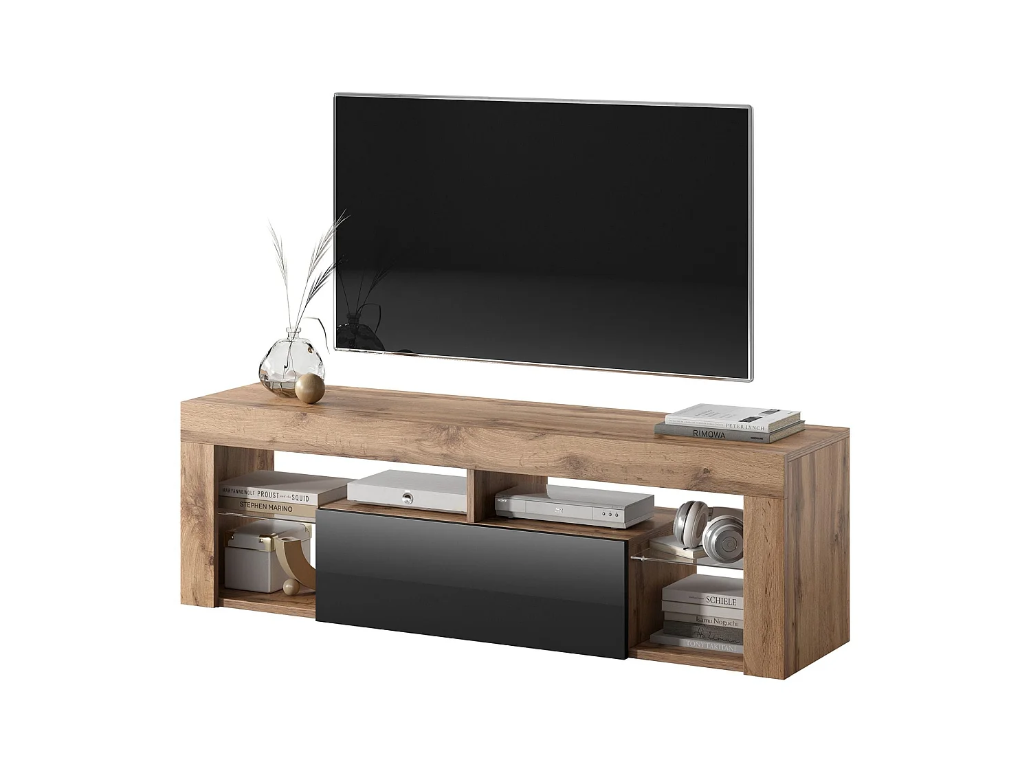 TV-meubel / TV-bank (Lancaster eiken / glanzend zwart, 140 cm, zonder LED) - BIANKO