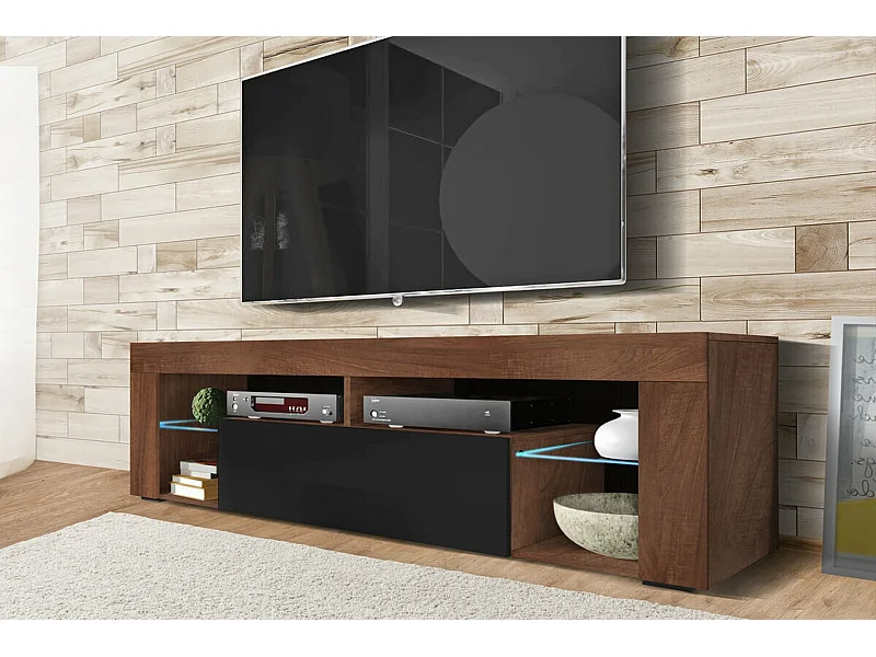 Meuble TV / Banc TV (140 cm, noyer mat / noir brillant, sans LED) - BIANKO