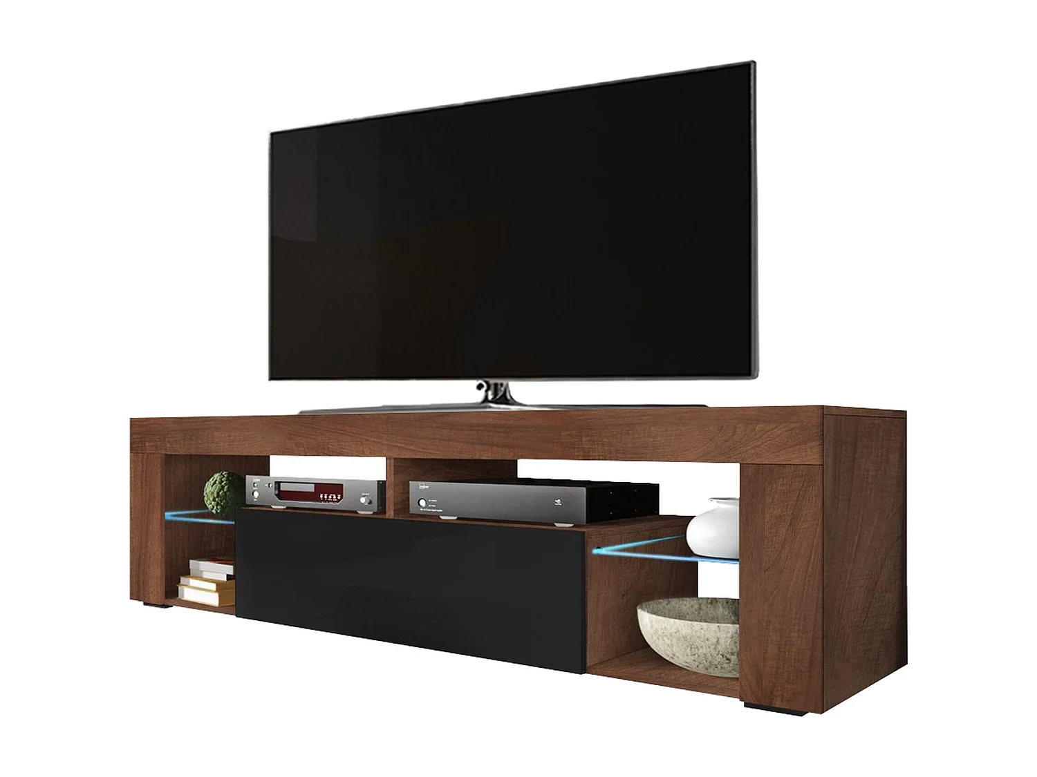 Meuble TV / Banc TV (140 cm, noyer mat / noir brillant, sans LED) - BIANKO