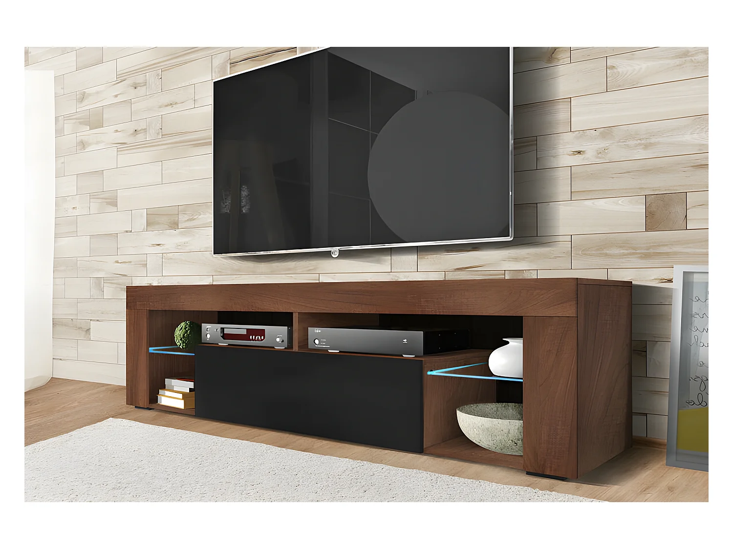 Meuble TV / Banc TV (140 cm, noyer mat / noir brillant, sans LED) - BIANKO