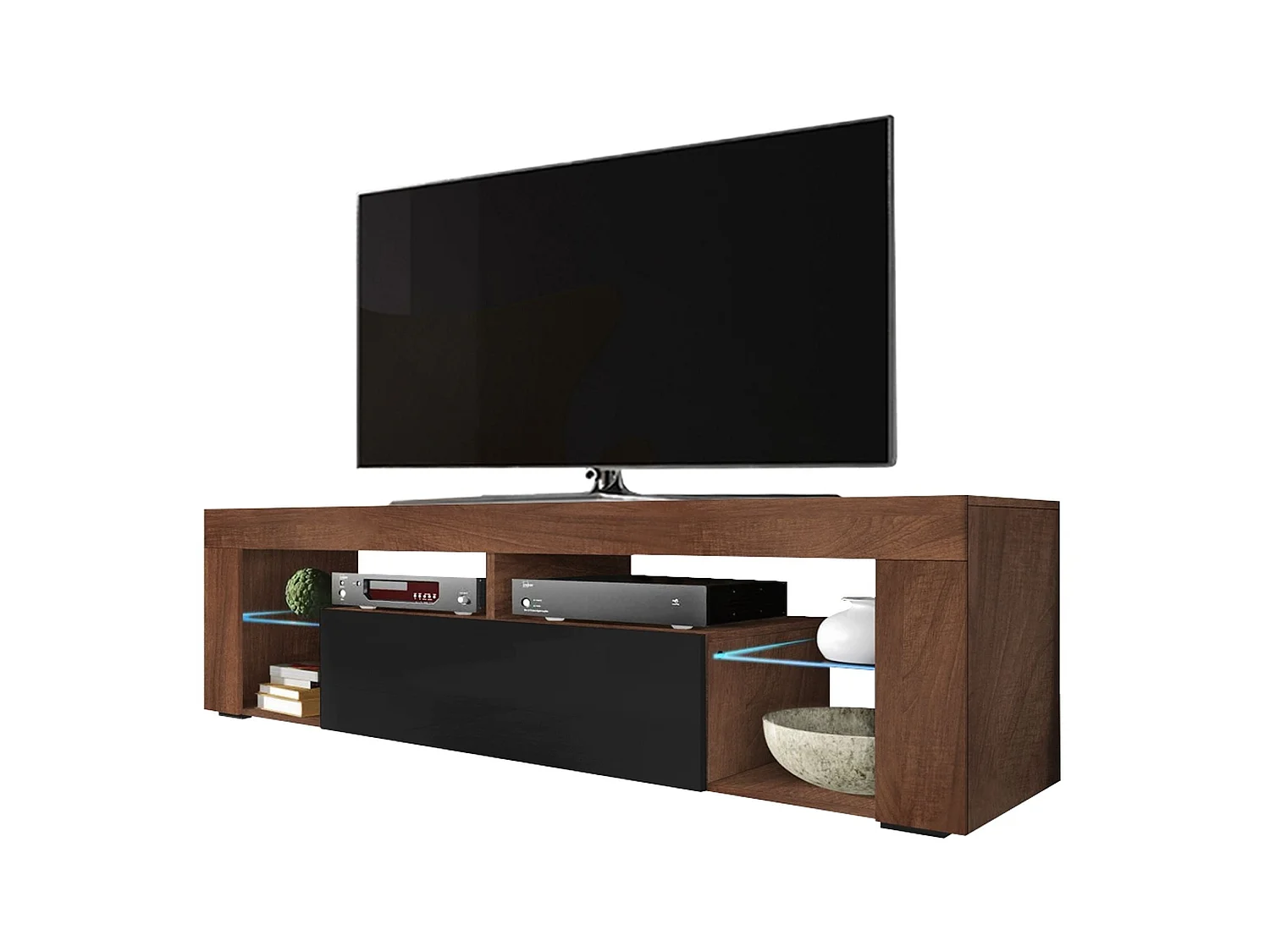 TV-meubel / TV-bank (140 cm, mat notenhout / glanzend zwart, zonder LED) - BIANKO