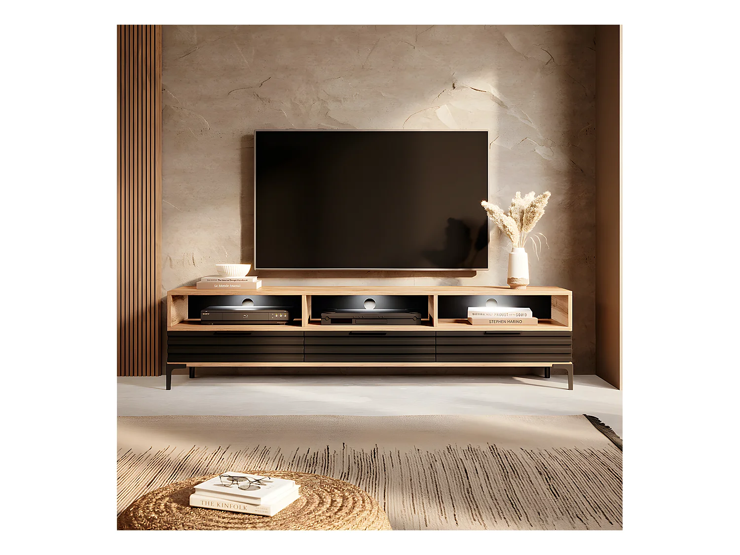 Meuble TV - 160 cm - chêne wotan / noir mat - façade 3D - avec LED -  RIKKE