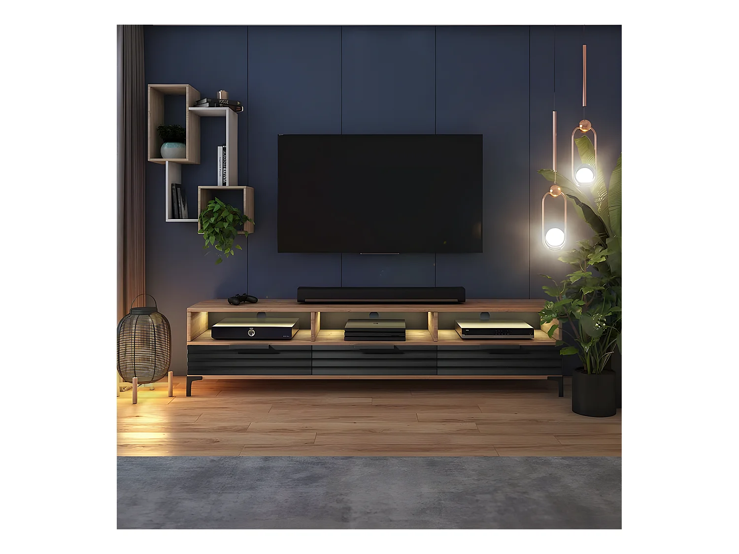 Meuble TV - 160 cm - chêne wotan / noir mat - façade 3D - avec LED -  RIKKE