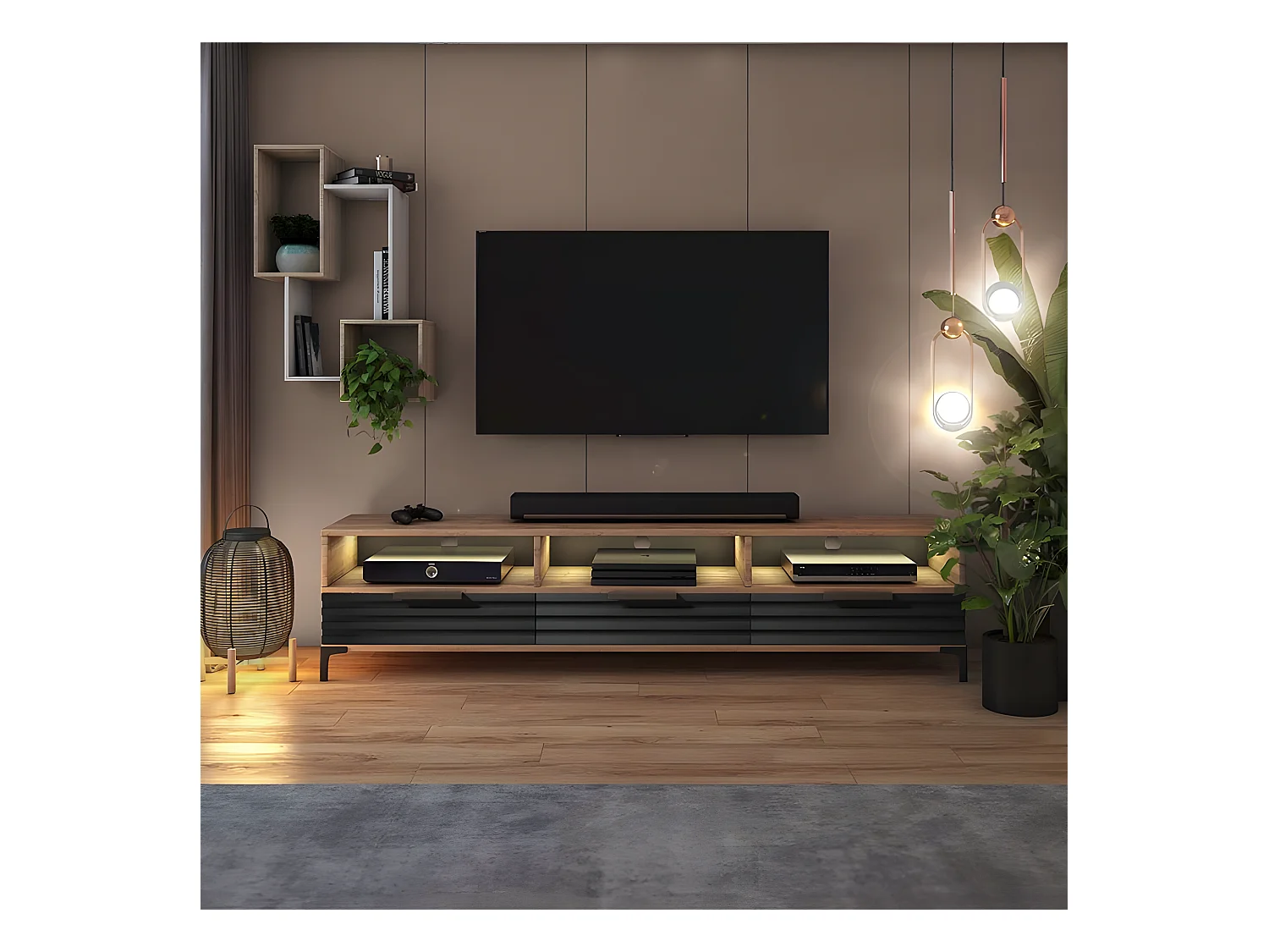 Meuble TV - 160 cm - chêne wotan / noir mat - façade 3D - avec LED -  RIKKE